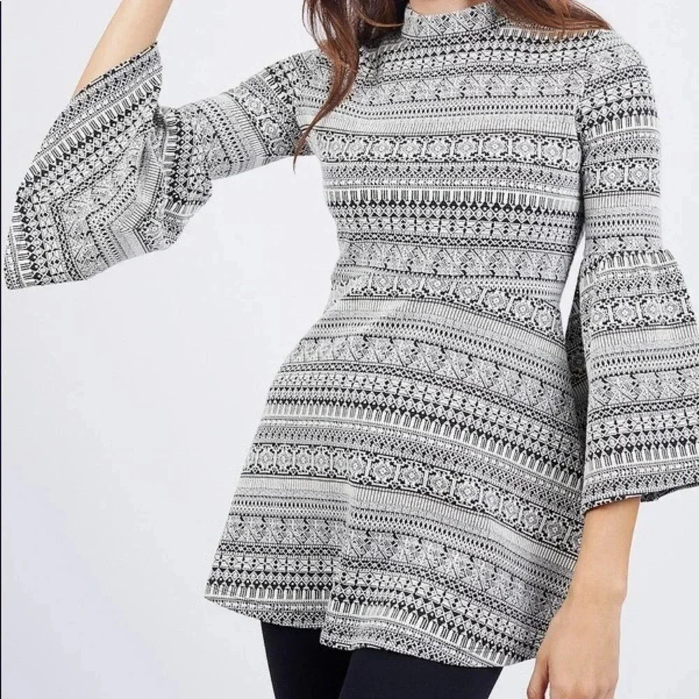 Octavia Boho Mock Neck Patterned Long Tunic Blouse Flare Sleeve Medium